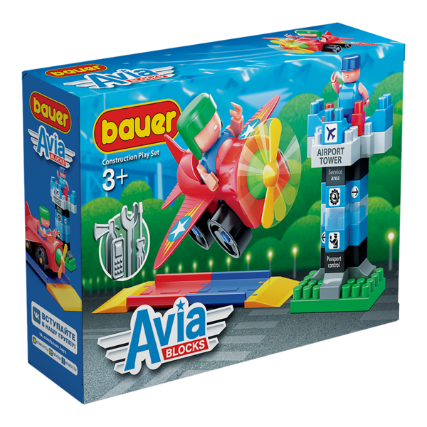 Детский развивающий конструктор Bauer Самолет "AVIA" Набор  Cамолет, взлетная полоса и КДП 3+